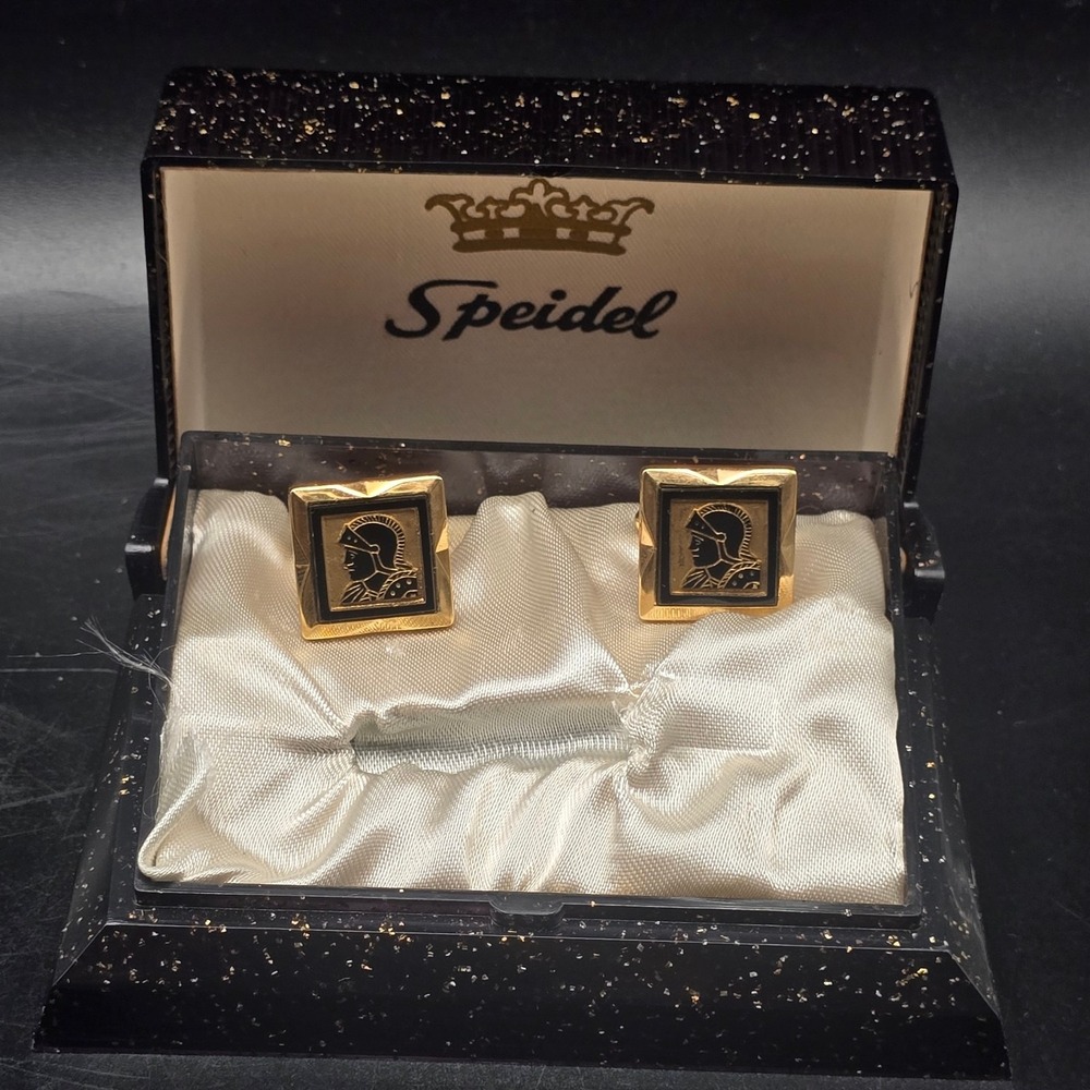 Speidel Roman Warrior Cufflinks Gold Tone Black Vintage In Box